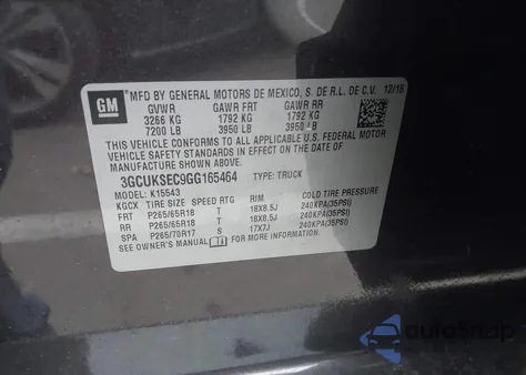 2016 Chevrolet Silverado 1500 2Lz z USA, uszkodzony, nr VIN 3GCUKSEC9GG165464